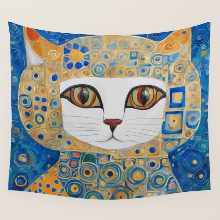 Klimt Space Cat in Blue and Gold Wall Tapestry Gallery Image 1
