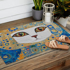 Klimt Space Cat in Blue and Gold Outdoor Rug Gallery Image 2