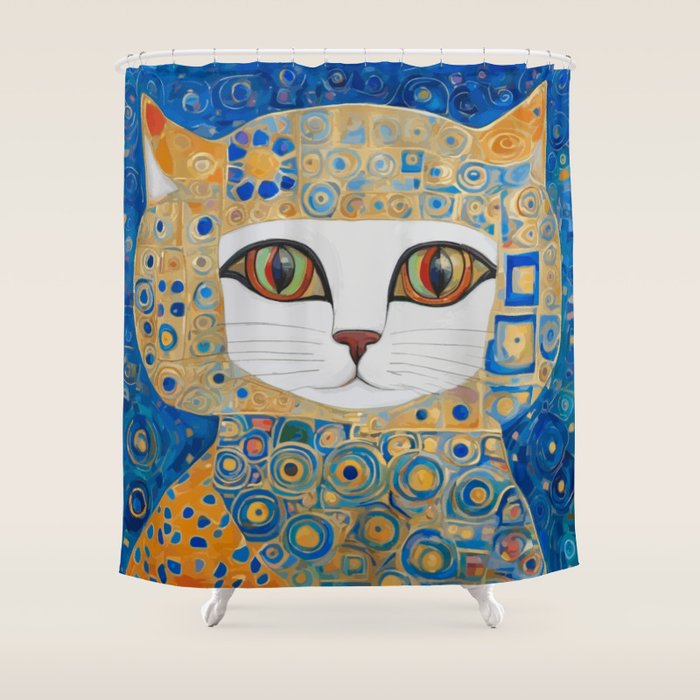 Klimt Space Cat in Blue and Gold Shower Curtain Gallery Image 1