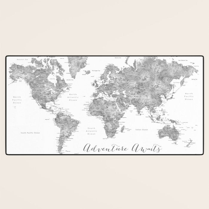 Adventure awaits... detailed world map in grayscale watercolor Desk Mat Gallery Image 3