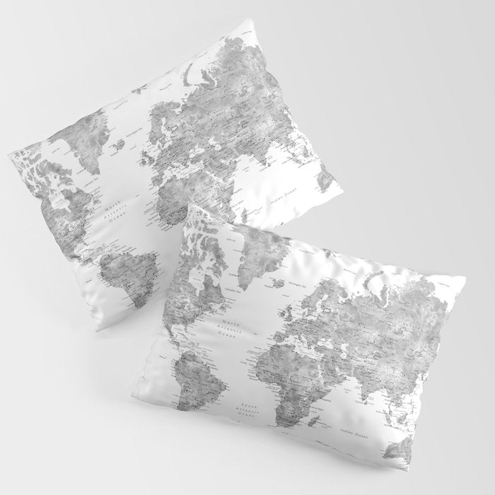Adventure Awaits... Detailed World Map In Grayscale Watercolor Pillow Sham Gallery Image 3