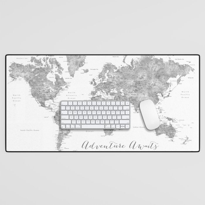 Adventure awaits... detailed world map in grayscale watercolor Desk Mat Gallery Image 1