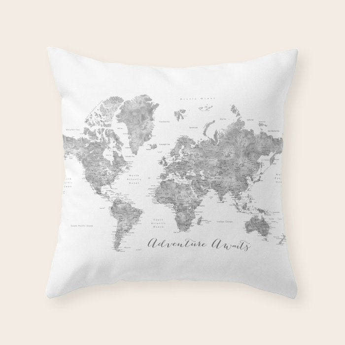 Adventure awaits... detailed world map in grayscale watercolor Throw Pillow Gallery Image 1