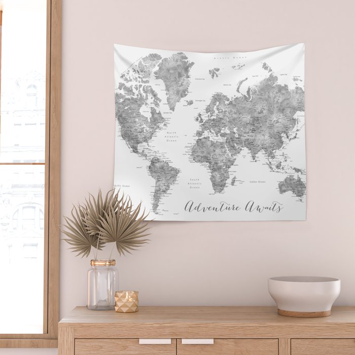 Adventure awaits... detailed world map in grayscale watercolor Wall Tapestry Gallery Image 2