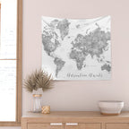 Adventure awaits... detailed world map in grayscale watercolor Wall Tapestry Gallery Image 2