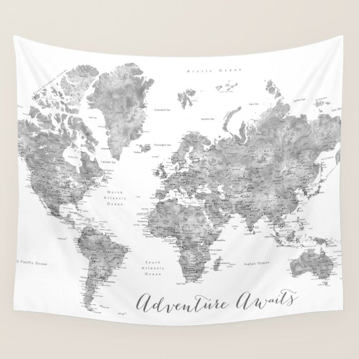 Adventure awaits... detailed world map in grayscale watercolor Wall Tapestry Gallery Image 4