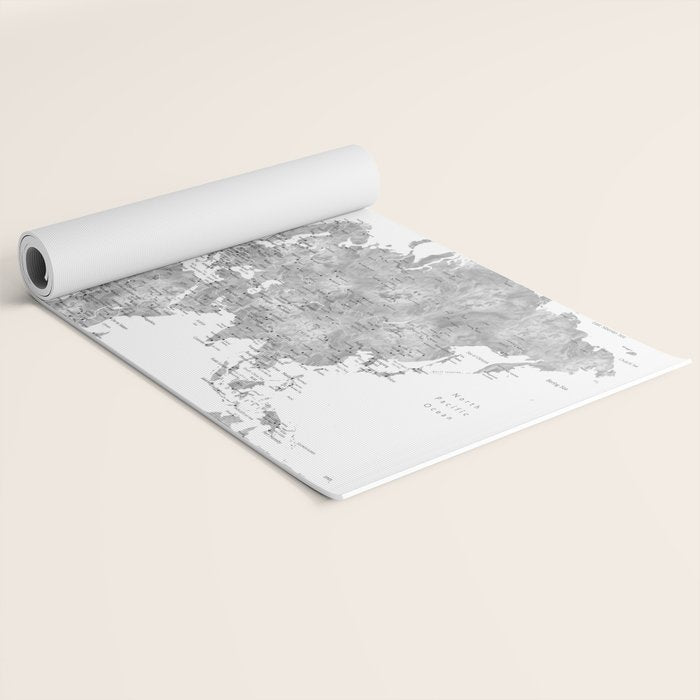 Adventure awaits... detailed world map in grayscale watercolor Yoga Mat Gallery Image 2