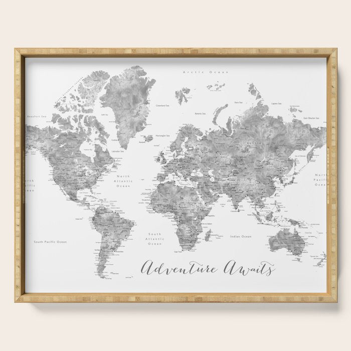Adventure awaits... detailed world map in grayscale watercolor Serving Tray Gallery Image 1