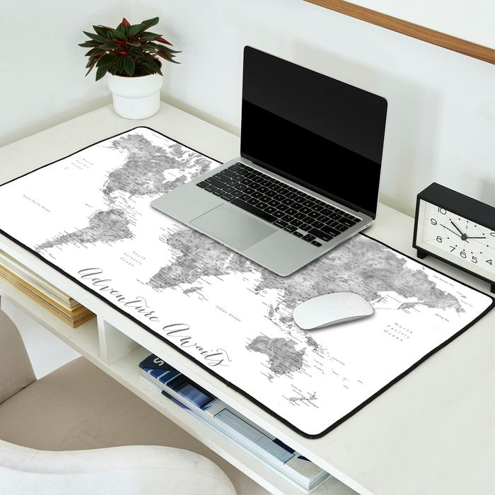 Adventure awaits... detailed world map in grayscale watercolor Desk Mat Gallery Image 2