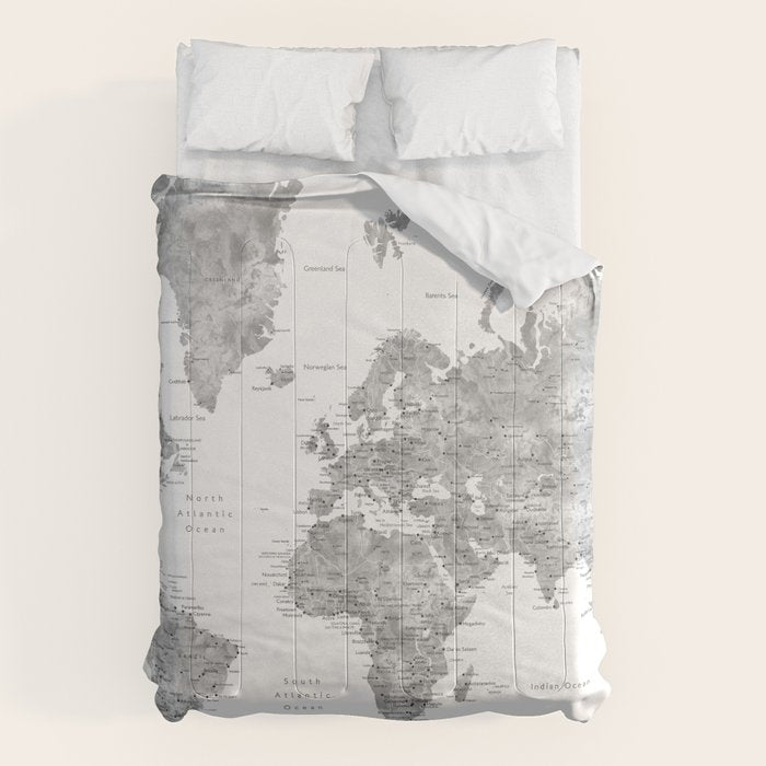 Adventure awaits... detailed world map in grayscale watercolor Comforter Gallery Image 6