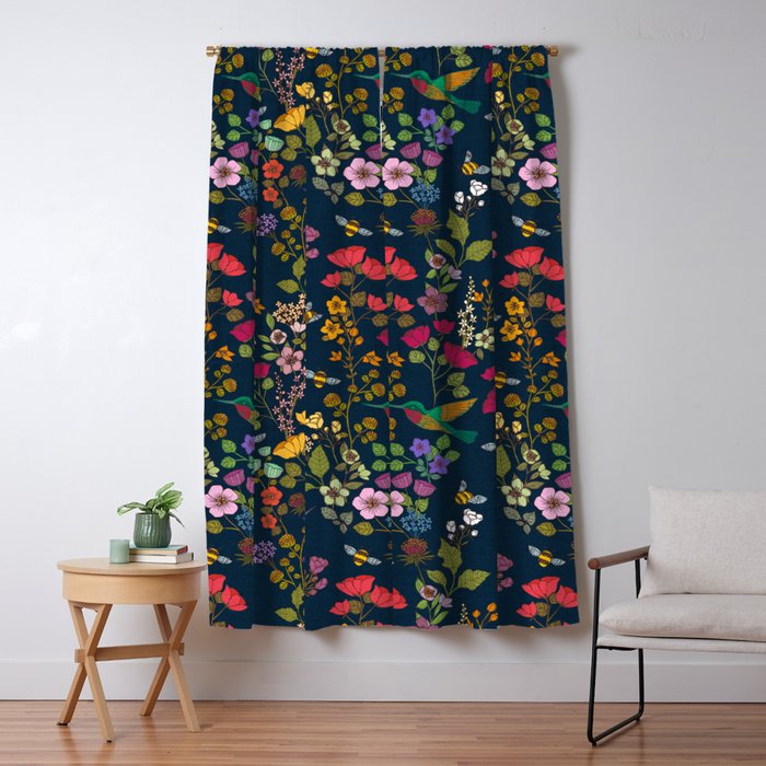 Hummingbirds and Bees {Deep Blue} Window Curtain Gallery Image 1