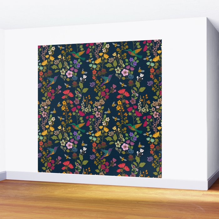 Hummingbirds and Bees {Deep Blue} Wall Mural Gallery Image 2