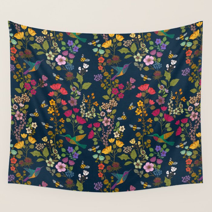 Hummingbirds and Bees {Deep Blue} Wall Tapestry Gallery Image 4