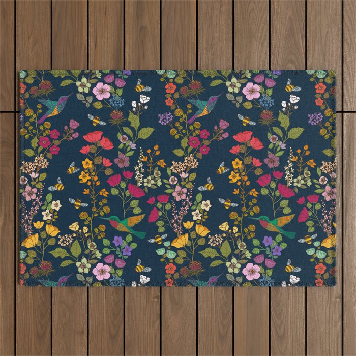 Hummingbirds and Bees {Deep Blue} Outdoor Rug Gallery Image 1