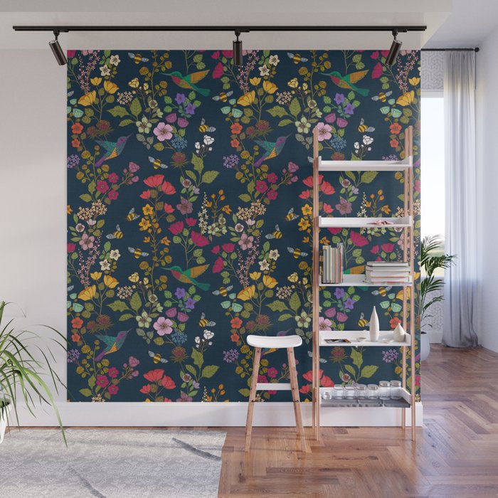 Hummingbirds and Bees {Deep Blue} Wall Mural Gallery Image 1