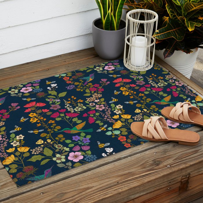 Hummingbirds and Bees {Deep Blue} Outdoor Rug Gallery Image 2