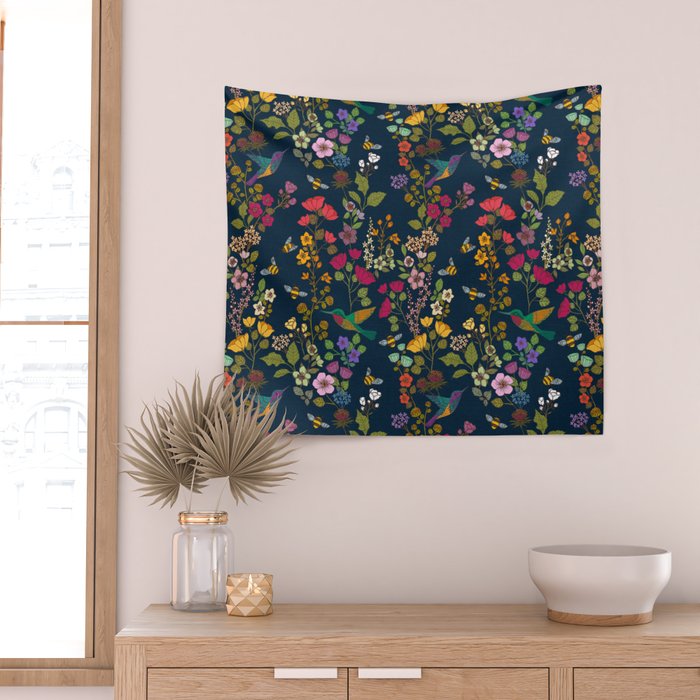 Hummingbirds and Bees {Deep Blue} Wall Tapestry Gallery Image 2