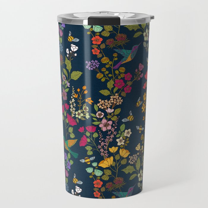 Hummingbirds and Bees {Deep Blue} Travel Mug Gallery Image 1