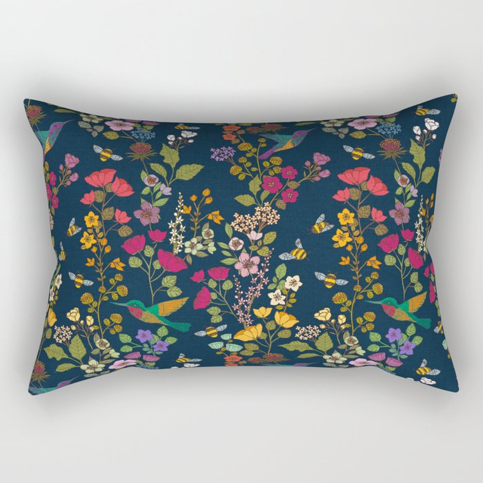 Hummingbirds and Bees {Deep Blue} Rectangular Pillow Gallery Image 2