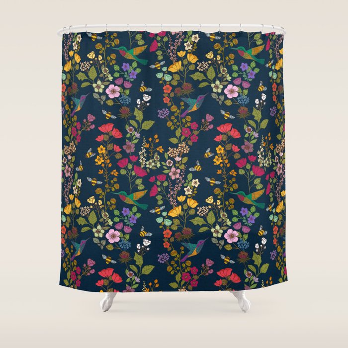 Hummingbirds and Bees {Deep Blue} Shower Curtain Gallery Image 1