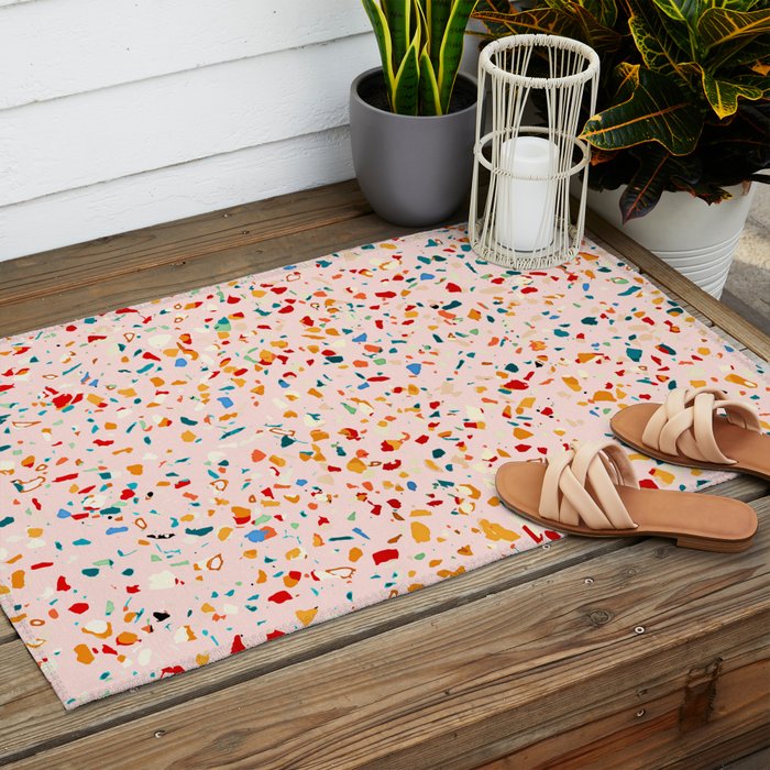 Blush Terrazzo | Pink Eclectic Speckles | Abstract Confetti Painting | Chic Bohemian Illustration Outdoor Rug Gallery Image 2