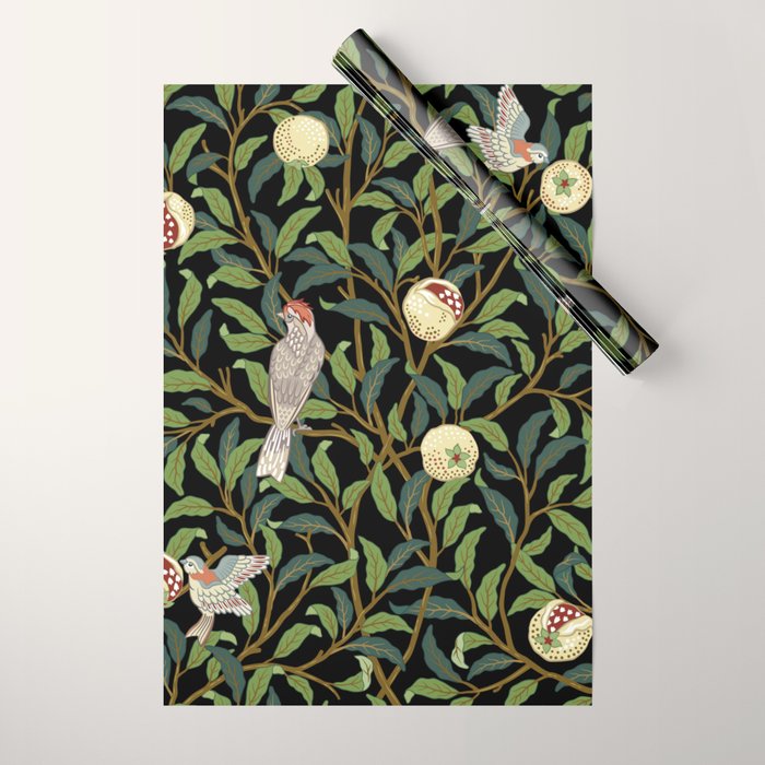 William Morris Enchanted Bird & Pomegranate Black Botanical Wrapping Paper Gallery Image 1