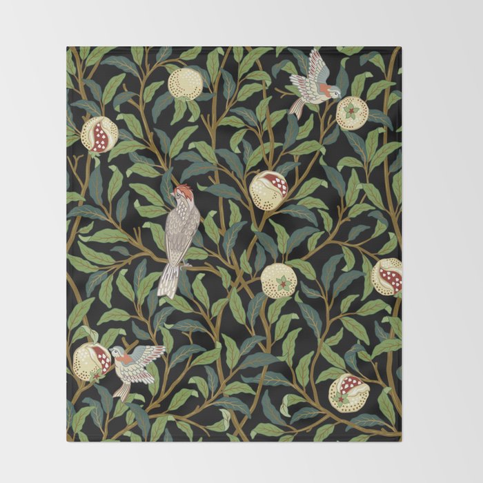 William Morris Enchanted Bird & Pomegranate Black Botanical Throw Blanket Gallery Image 2