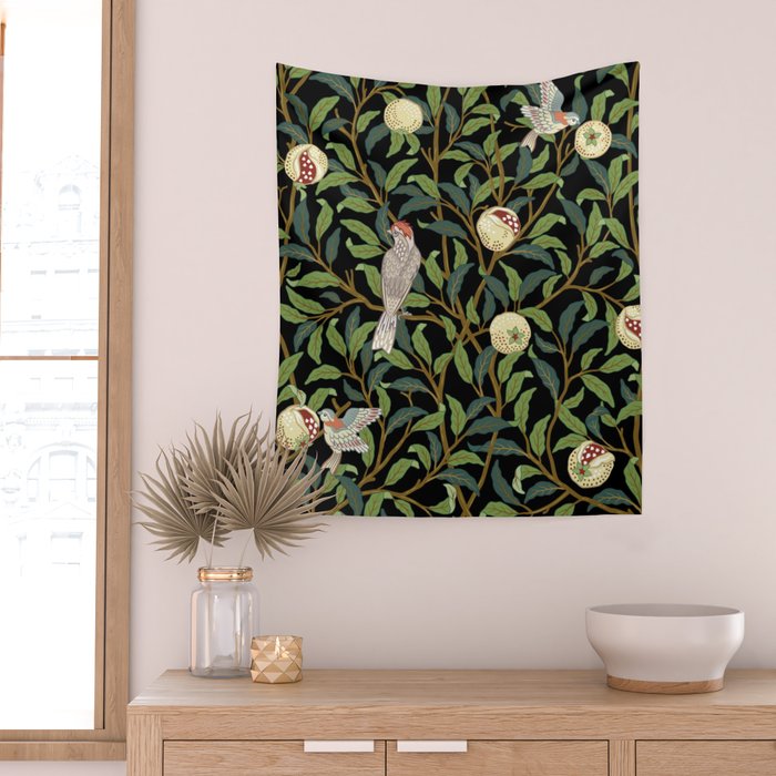 William Morris Enchanted Bird & Pomegranate Black Botanical Wall Tapestry Gallery Image 2