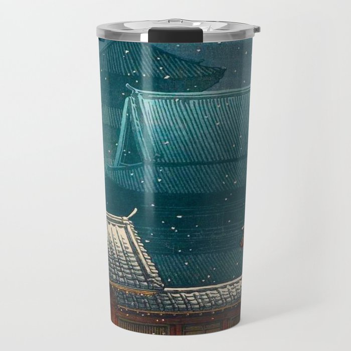 Vintage Japanese Woodblock Print Japanese Red Shinto Shrine Pagoda Winter Snow Travel Mug Gallery Image 1