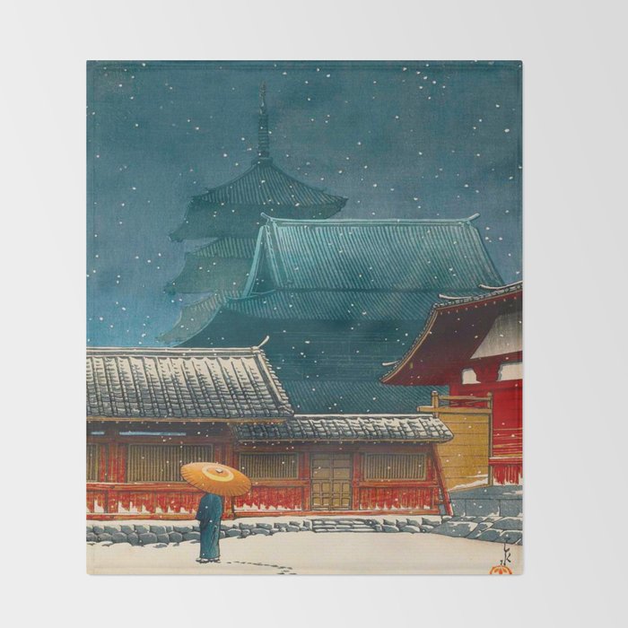 Vintage Japanese Woodblock Print Japanese Red Shinto Shrine Pagoda Winter Snow Throw Blanket Gallery Image 2