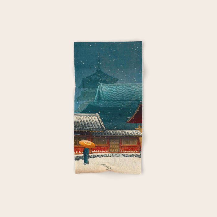 Vintage Japanese Woodblock Print Japanese Red Shinto Shrine Pagoda Winter Snow Bath Towel Gallery Image 1