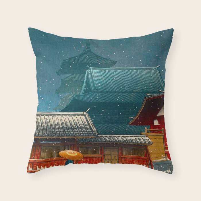 Vintage Japanese Woodblock Print Japanese Red Shinto Shrine Pagoda Winter Snow Throw Pillow Gallery Image 1