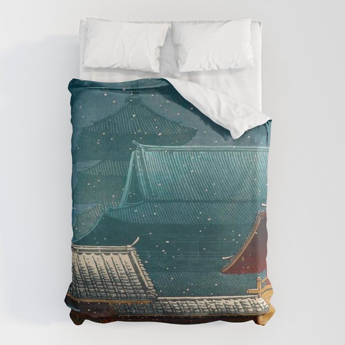 Vintage Japanese Woodblock Print Japanese Red Shinto Shrine Pagoda Winter Snow Duvet Cover Gallery Image 1