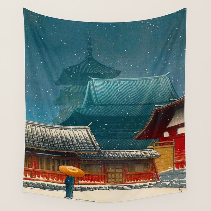 Vintage Japanese Woodblock Print Japanese Red Shinto Shrine Pagoda Winter Snow Wall Tapestry Gallery Image 1