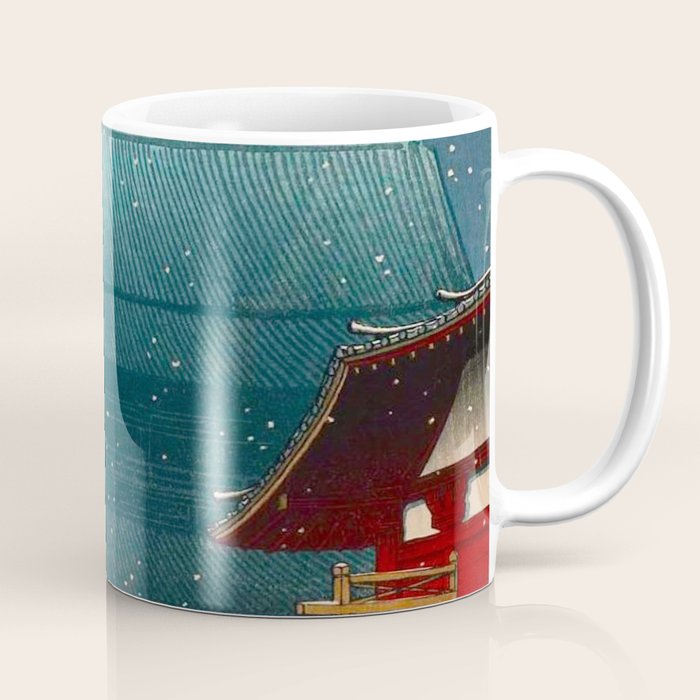 Vintage Japanese Woodblock Print Japanese Red Shinto Shrine Pagoda Winter Snow Coffee Mug Gallery Image 1
