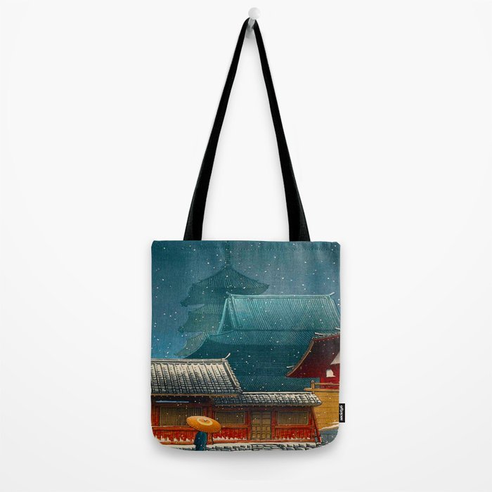 Vintage Japanese Woodblock Print Japanese Red Shinto Shrine Pagoda Winter Snow Tote Bag Gallery Image 2