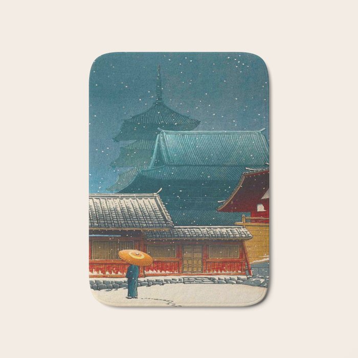 Vintage Japanese Woodblock Print Japanese Red Shinto Shrine Pagoda Winter Snow Bath Mat Gallery Image 1