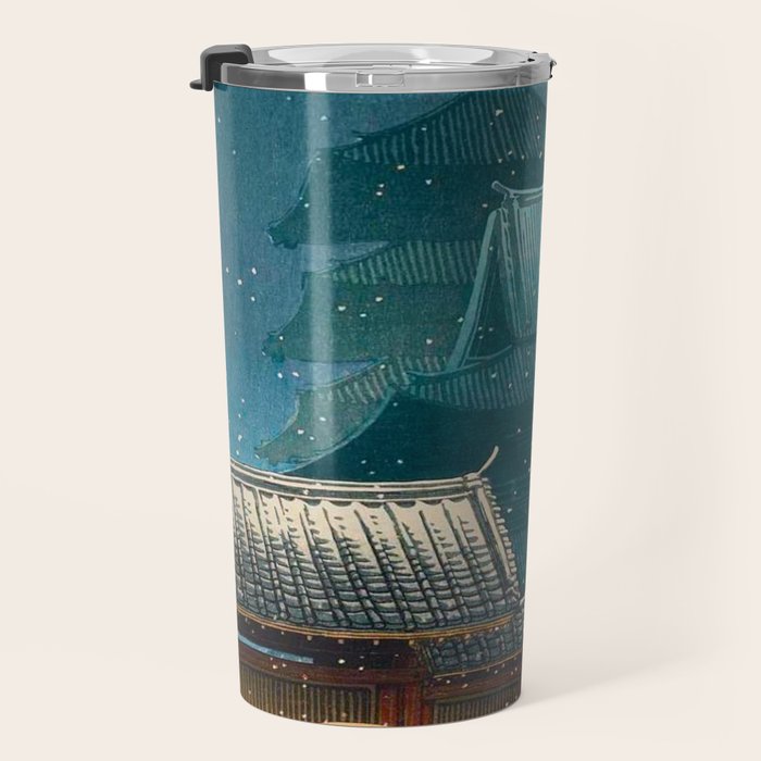 Vintage Japanese Woodblock Print Japanese Red Shinto Shrine Pagoda Winter Snow Travel Mug Gallery Image 3