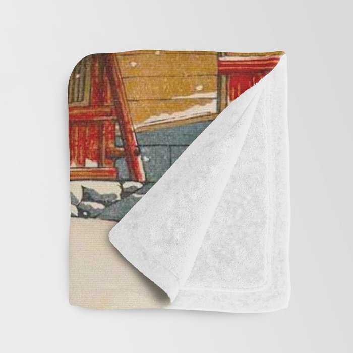 Vintage Japanese Woodblock Print Japanese Red Shinto Shrine Pagoda Winter Snow Throw Blanket Gallery Image 3