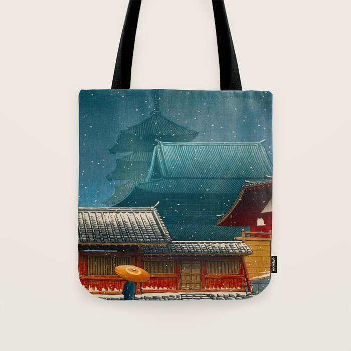 Vintage Japanese Woodblock Print Japanese Red Shinto Shrine Pagoda Winter Snow Tote Bag Gallery Image 1