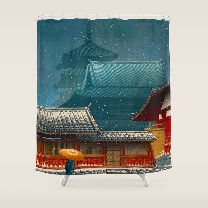 Vintage Japanese Woodblock Print Japanese Red Shinto Shrine Pagoda Winter Snow Shower Curtain Gallery Image 1