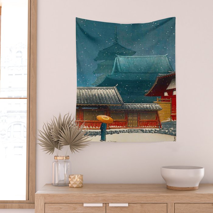 Vintage Japanese Woodblock Print Japanese Red Shinto Shrine Pagoda Winter Snow Wall Tapestry Gallery Image 2