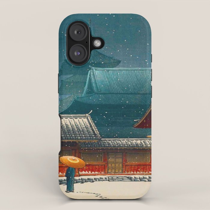 Vintage Japanese Woodblock Print Japanese Red Shinto Shrine Pagoda Winter Snow iPhone Case Gallery Image 1
