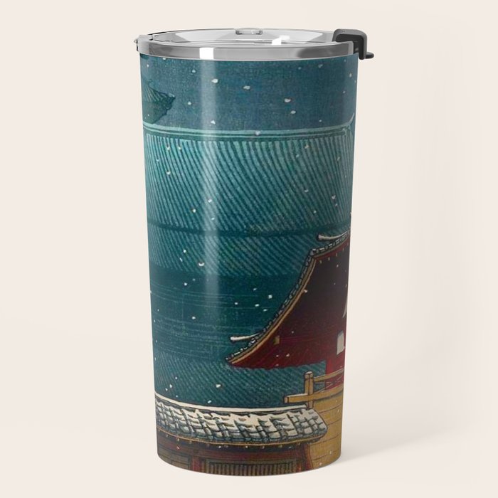 Vintage Japanese Woodblock Print Japanese Red Shinto Shrine Pagoda Winter Snow Travel Mug Gallery Image 2