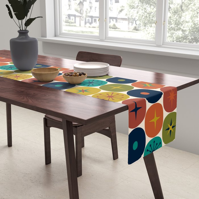 Mid Century Modern Retro Atomic Future Pattern in Mid Mod Colors on Cream Table Runner Gallery Image 2