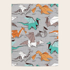Origami dragon friends // grey linen texture background aqua orange grey and taupe fantastic creatures Poster Gallery Image 4