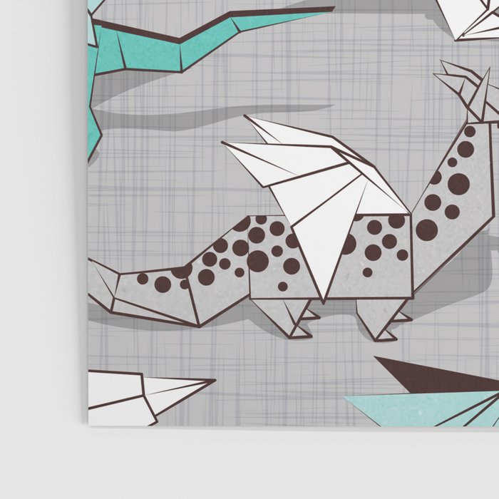 Origami dragon friends // grey linen texture background aqua orange grey and taupe fantastic creatures Poster Gallery Image 3
