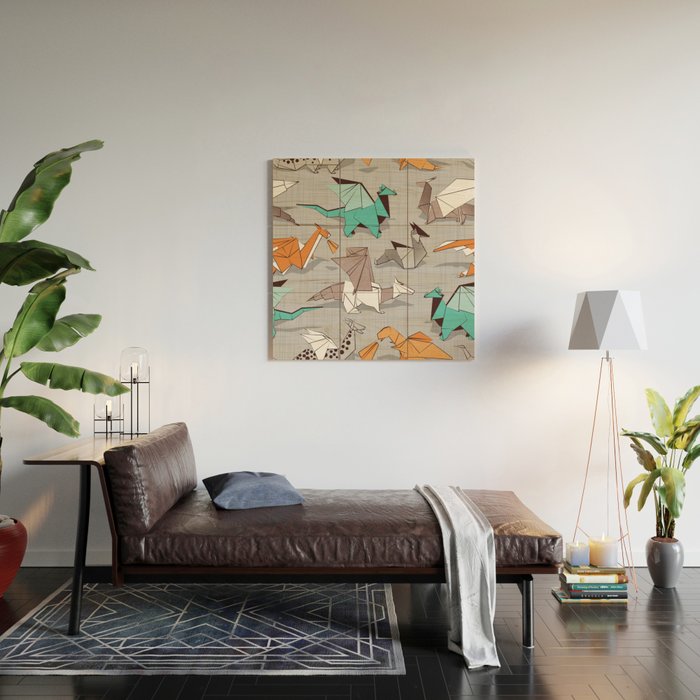 Origami dragon friends // grey linen texture background aqua orange grey and taupe fantastic creatures Wood Wall Art Gallery Image 2