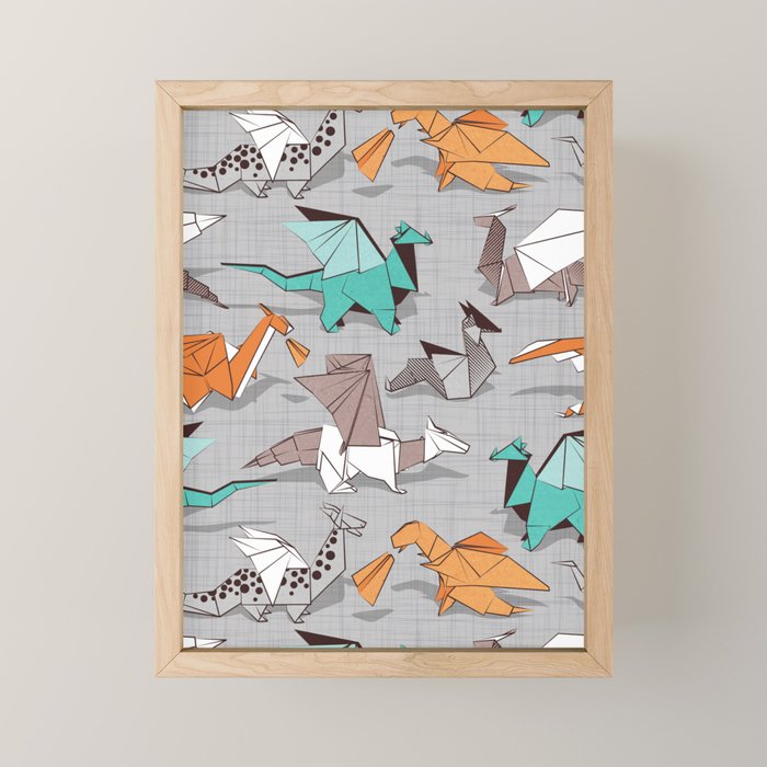 Origami dragon friends // grey linen texture background aqua orange grey and taupe fantastic creatures Mini Art Print Gallery Image 1