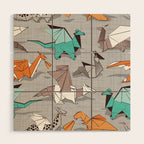 Origami dragon friends // grey linen texture background aqua orange grey and taupe fantastic creatures Wood Wall Art Gallery Image 1